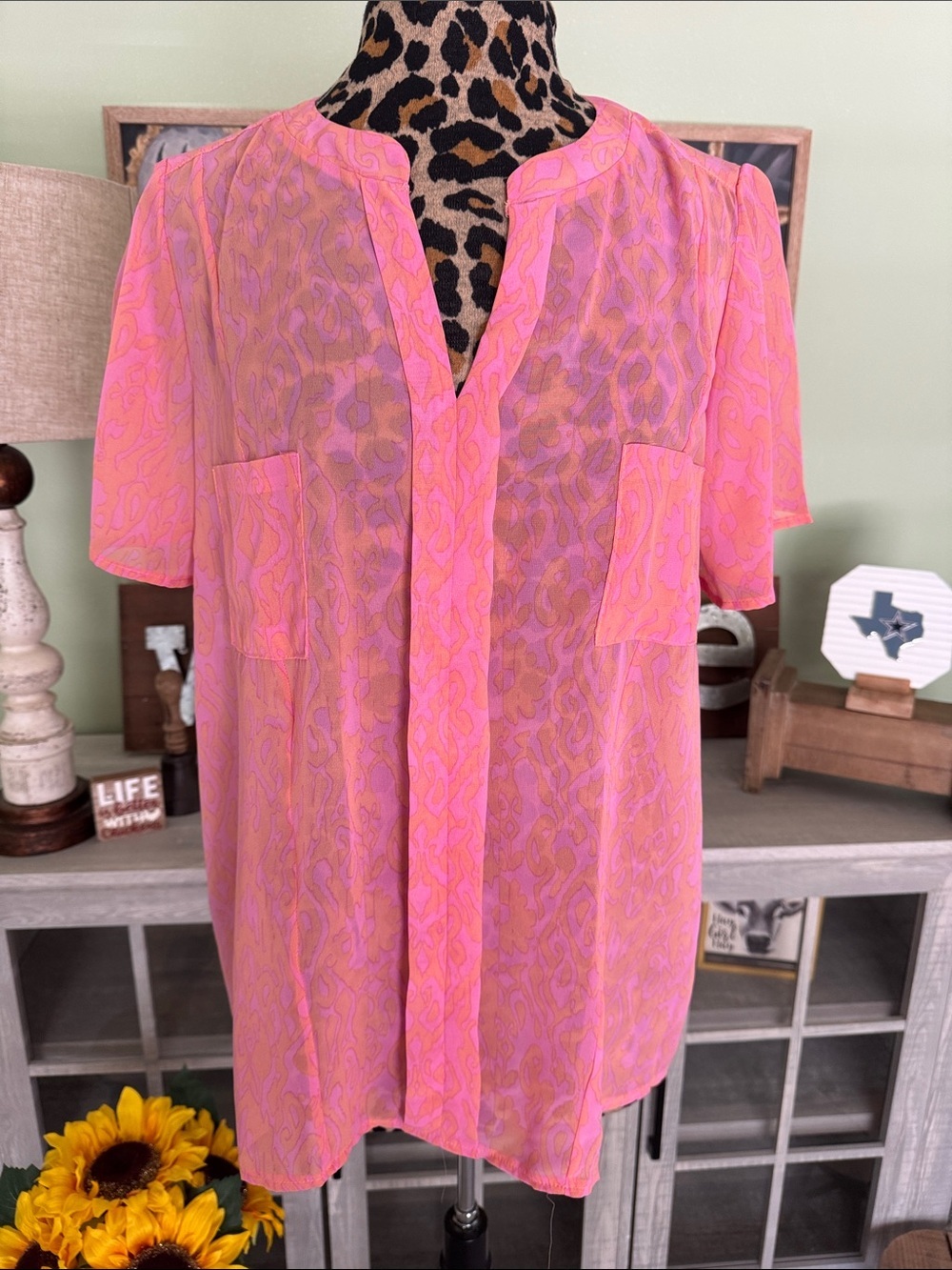 Like Love Lightweight Chiffon Pink/Orange Top  Sz1xl
